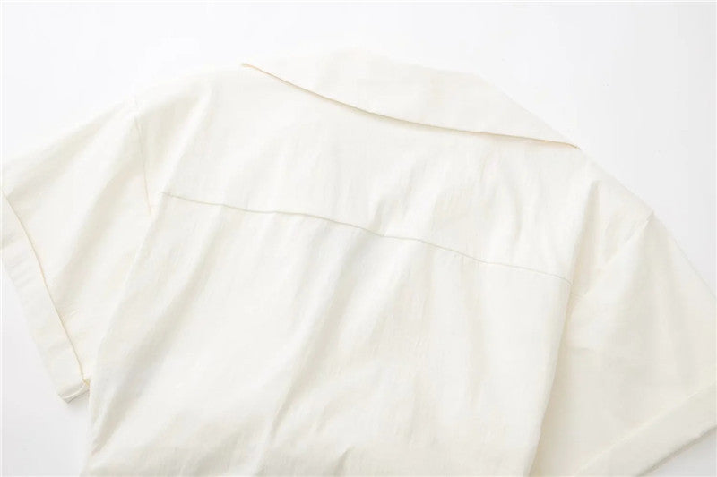 goosudu  Women's Crop Top Collared Short Sleeve Shirt Women Summer Knotted Linen Blouse Woman Streetwear Casual Blouses