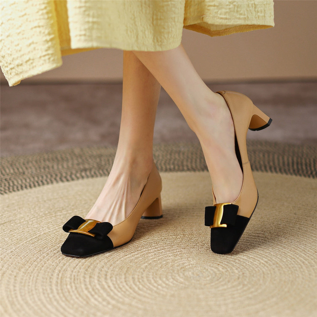 Pumps Shoes Women Mid Heel Spring Sheepskin Square Toe Thin Heel Metal Decoration Party Black Handmade Shoe Big Size 42