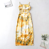 Waist Cut Out Criss Cross Sexy Summer Tie-dyed Midi Dress Ladies Elegant Beach Boho Slip Long Dress Sleeveless Sundress