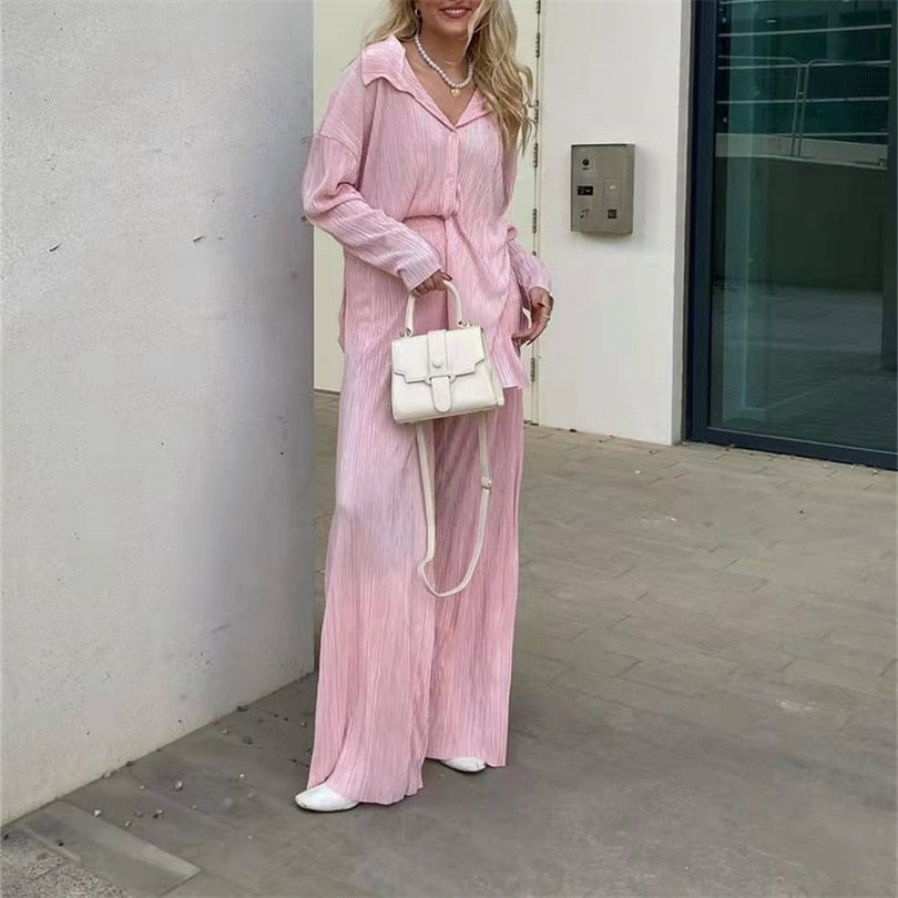 Women Pleated 2 Piece Pants Sets Spring Summer Streetwear Long Sleeve Button Down Shirt+Straight-Leg Pants Loose Outfits