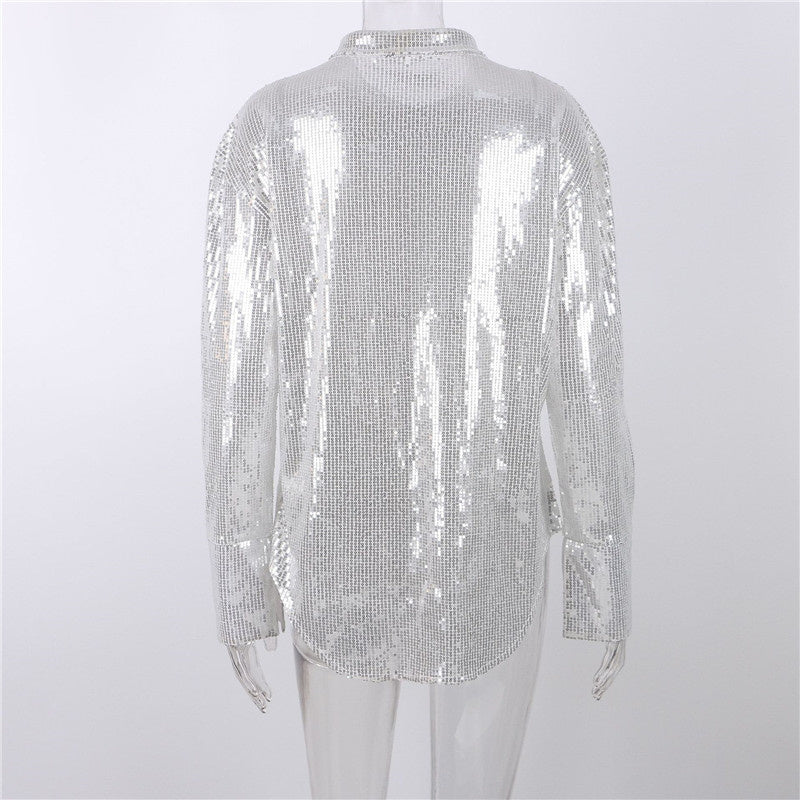 goosudu Turn-down Collar Sequin Woman Blouses White Long Sleeve Casual Elegant Blouses Women Spring Loose Fashion Plus Size Tops