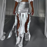 Tassel Summer Female Long Skirt Ruffled High Waist Broken High Split Fashion Pleated Sexy Solid Patchwork Maxi Skirt