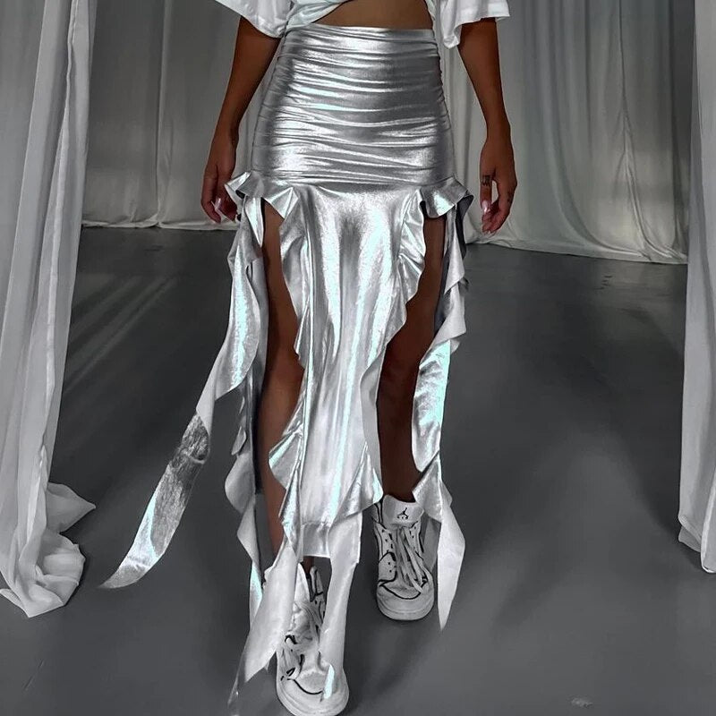 Tassel Summer Female Long Skirt Ruffled High Waist Broken High Split Fashion Pleated Sexy Solid Patchwork Maxi Skirt