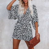 Leopard Print Bowknot Wide Leg Romper Overalls Casual Loose Summer V Neck Playsuits Short Jumpsuits Pockets