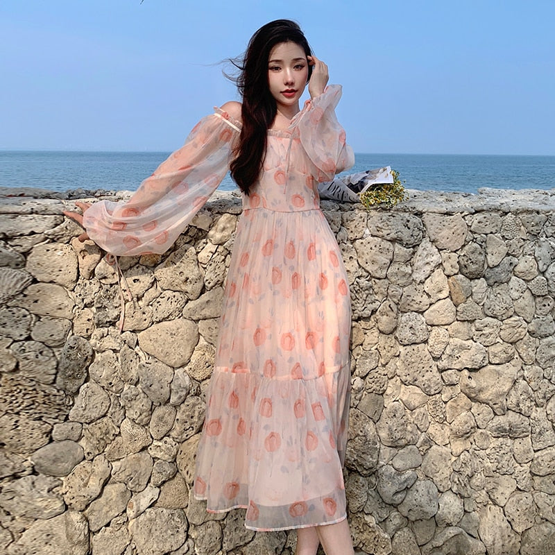 Holiday Pink Beach Dress Long Sleeve Floral Dress Women's Summer A-line Midi Princess Sweet Fairy Dress Sundress Femme Robe