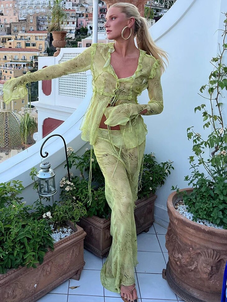 Summer Chiffon Fashion Maxi Skirt cover-up Women Elegant High Waist printed Holiday See-Through Printed Female Long Skirt