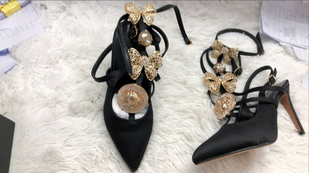 goosudu Crystal Bow Knot Pumps Metal Decor Shallow Stilettos Solid Pumps Buckle High Heels Women Shoes On Heels Fashion Big Size Pumps