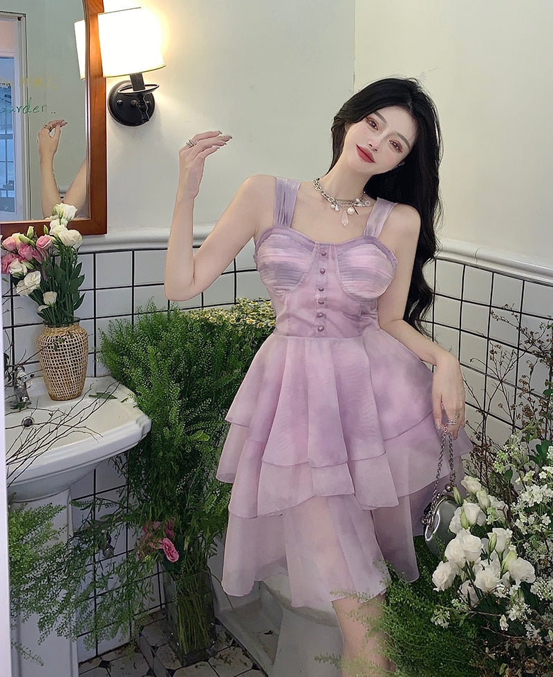 Holiday Sexy Spaghetti Strap Dress High Waist Sweet Mini Princess Dress Female Summer Purple Mesh Puffy Dress Robe Vestido