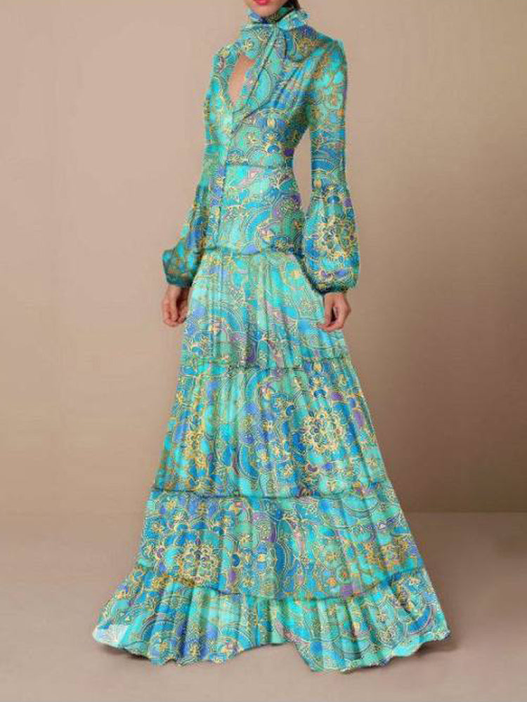 goosudu  Retro Floral Leopard Print Long Dress Spring Autumn Women Long Sleeve Maxi Dress High Fashion Halter Hollow Out Party Dress