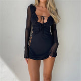 Black Bodycon Dress Spring Summer Sexy Mesh Long Sleeves Ruffles Deep V Tie-Up Short Dress Women Party Streetwear
