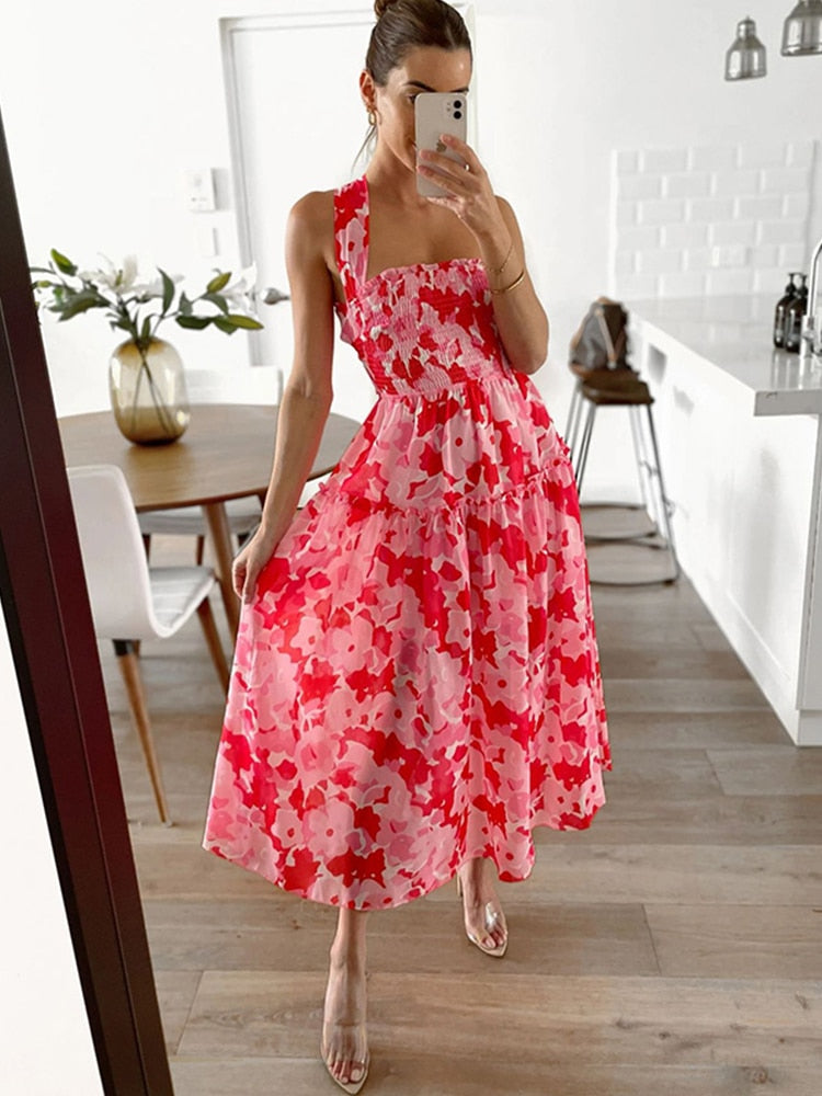 Lace Up Backless Sexy Maxi Dress Summer Women Elastic Red Long Elegant Ladies Holiday Dress Sundress Vestido Chiffon
