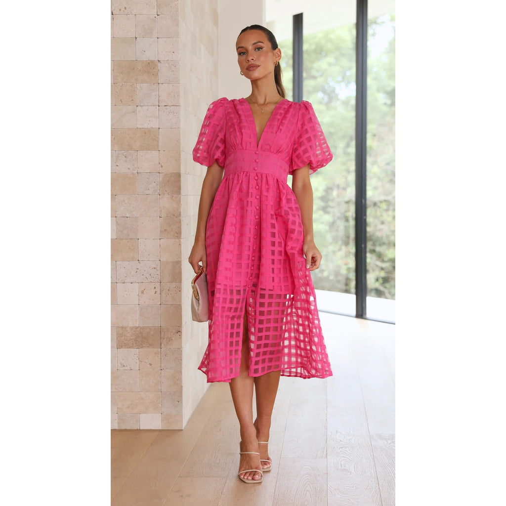 Lantern Sleeve Breasted Rose Red Vintage A-line Party Dress Plaid Transparent Zip Waist Elastic Summer Midi Boho Dress