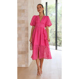 Lantern Sleeve Breasted Rose Red Vintage A-line Party Dress Plaid Transparent Zip Waist Elastic Summer Midi Boho Dress