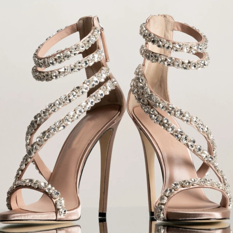 goosudu  Crystal Straps Women Sandals Back Zipper High Thin Heels Ankle Wrap Sandals Narrow Band Sweet Fashion Casual Party Female Pumps