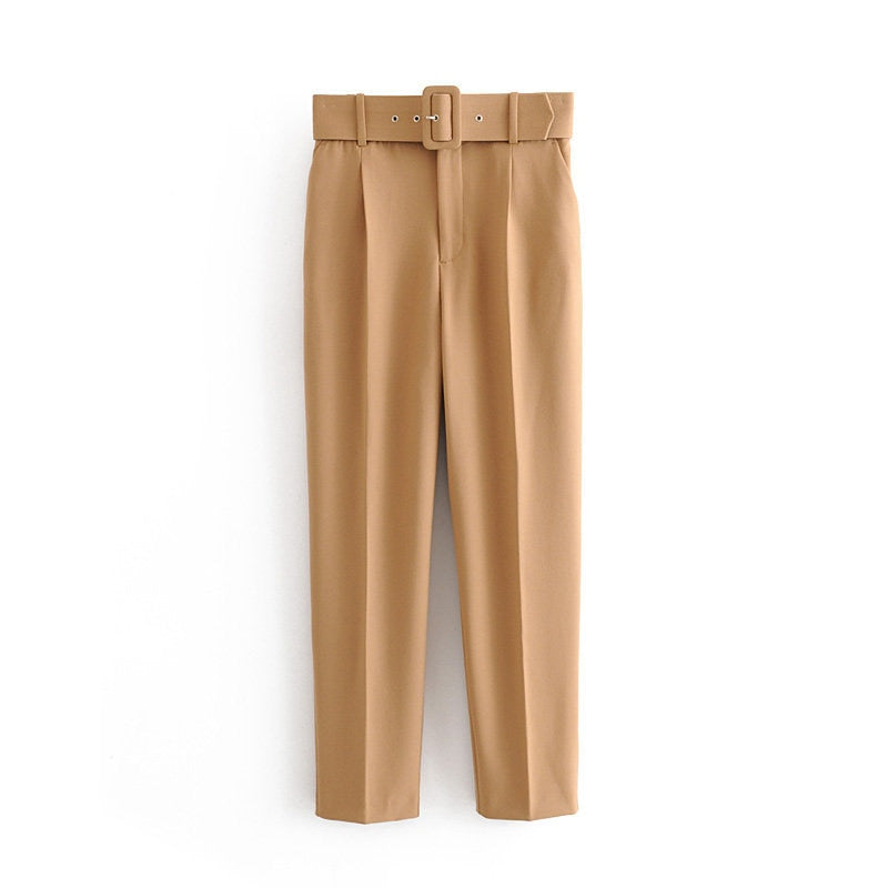 Goosudu  Women's Pants High Waist With Belt Classic Pockets Office Lady Ankle Length Trousers Female Spring Fashion Pink Harem Pants