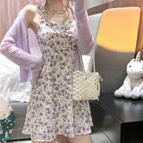 Goosudu Floral Slip Dress Fairy Dress Ladies Mini A-line Strap Dress  High Waist Ruched Purple Sundress For Women Spring  Clothing Robe Femme