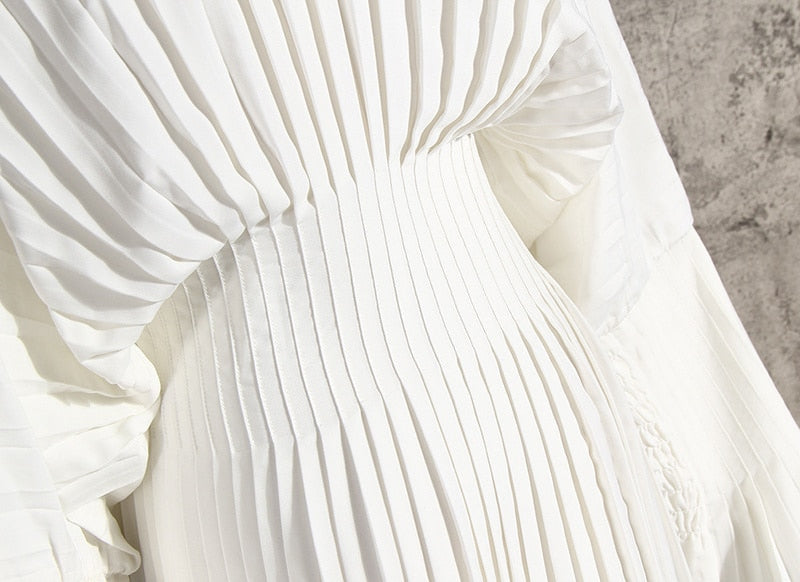 goosudu Vintage Pleated Dress Women Flare Long Sleeve V Neck Dresses Female Fashion Clothes Spring Summer New