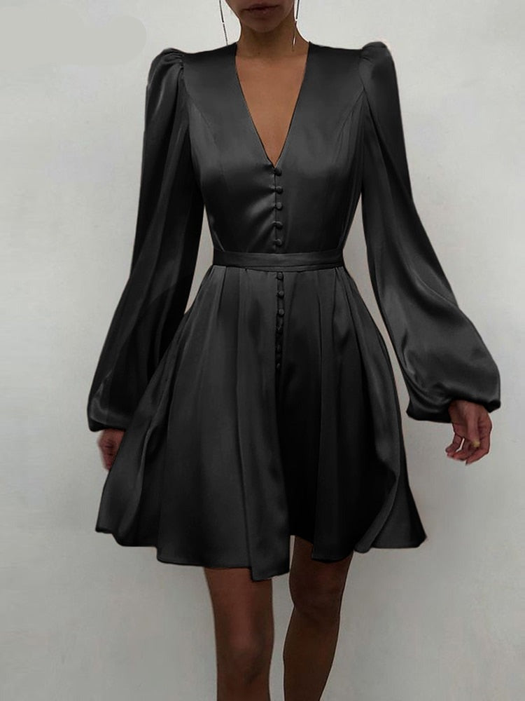 goosudu Women Silk Dress Celmia Satin Mini Robe Summer Elegant Party Wrap Evening Dress Long Lantern Sleeve V Neck Solid Vestidos