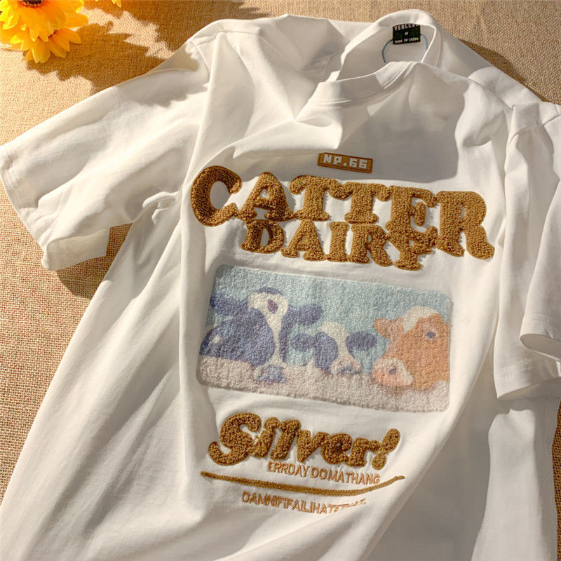 High Quality Brand Cute Cow Print Embroidery T Shirts Kawaii Clothes Teens Men Women Loose Summer Large 2XL Short Sleeve Tops