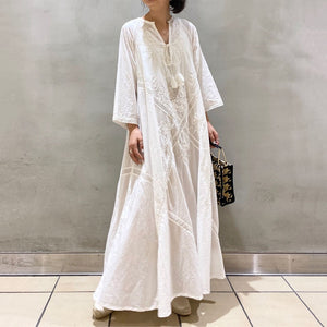 Loose Embroidery White Lace V-Neck Long Beach Dress Summer Boho Women Maxi Dress Elegant Dress Holiday Women Clothing