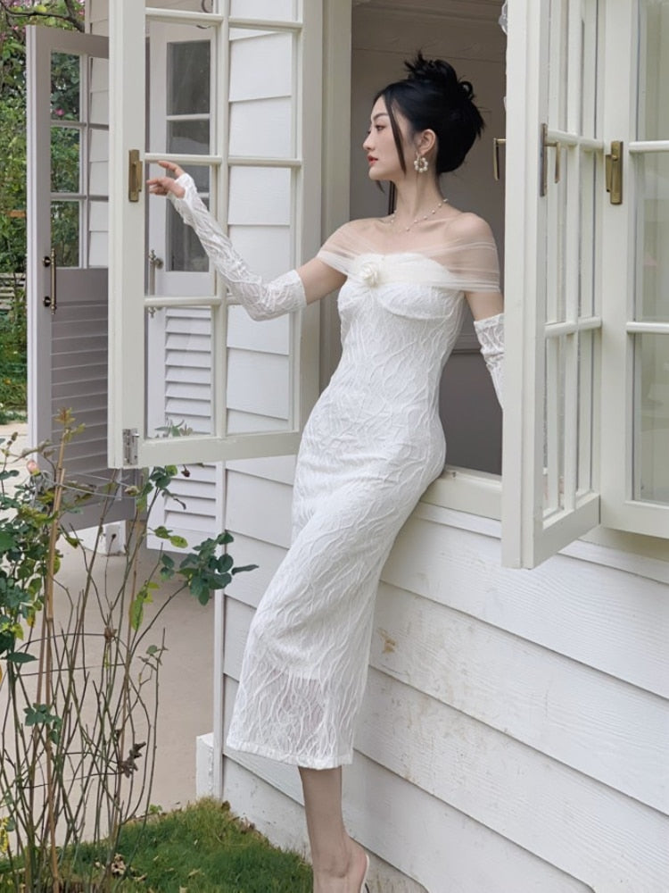 Summer Elegant Vintage White Dress Women Chic One Piece Dress Korean Casual Long Sleeve Beach Party Midi Dress Office Lady