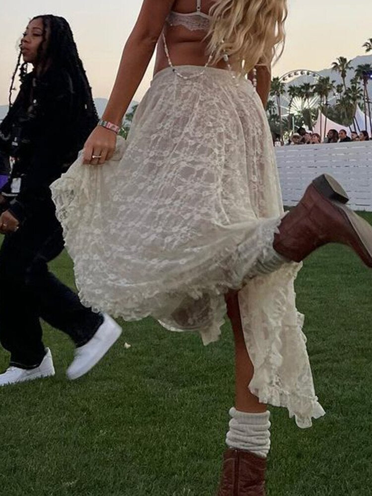 Sexy Transparent Irregular Long Skirts Vintage Ruffles Patchwork Loose Lace A-line Midi Skirt Women Y2k Summer Holiday