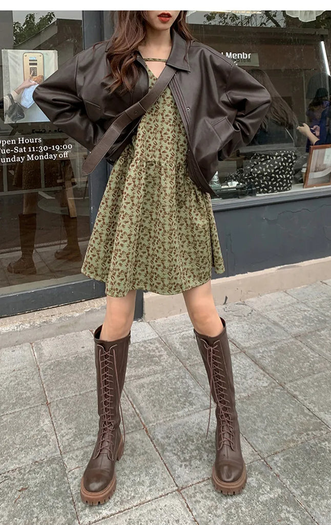 Spring Autumn Oversized Casual Waterproof Coffe Soft Pu Leather Jacket Women with Drop Shoulder Long Sleeve Fashion