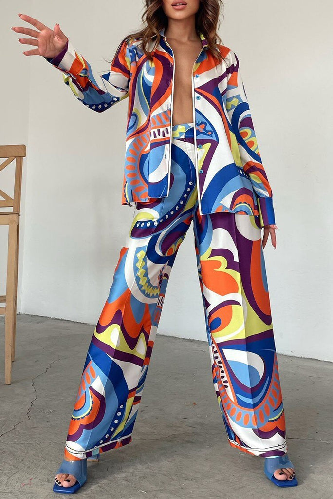 Hot Popular High-end Patchwork Loose Nature Shirt Set Office Lady Full Sleeve + Long Wide Leg Pants Women 2 Piece Set