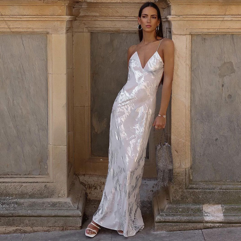 Women Sexy Lace Spaghetti Strap Dress Sleeveless Backless V-neck Maxi Dresses Summer Elegant Female Party Vacation Vestidos