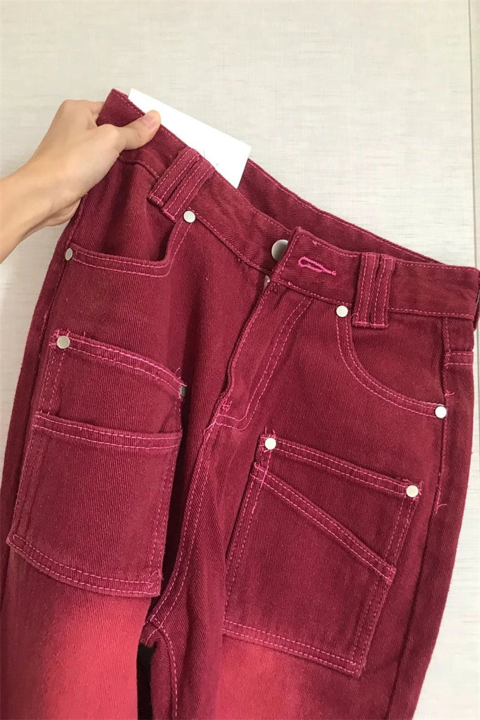 High Street Streetwear Baggy Jeans Women Denim Trousers High Waist Y2k Vintage Washed Distressed Wide Leg Mopping Red Pants