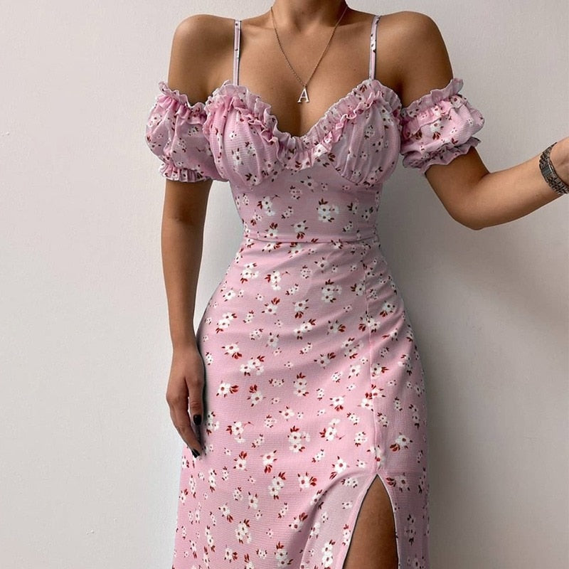 Aieru Sexy Sling Ruffle Strapless Slit Party Dress Women Summer Elegant Off Shoulder V Neck Long Dress Spring Floral Print Slim Dress