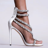 goosudu  Crystal Straps Women Sandals Back Zipper High Thin Heels Ankle Wrap Sandals Narrow Band Sweet Fashion Casual Party Female Pumps