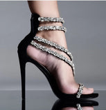 goosudu  Crystal Straps Women Sandals Back Zipper High Thin Heels Ankle Wrap Sandals Narrow Band Sweet Fashion Casual Party Female Pumps
