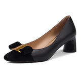 Pumps Shoes Women Mid Heel Spring Sheepskin Square Toe Thin Heel Metal Decoration Party Black Handmade Shoe Big Size 42