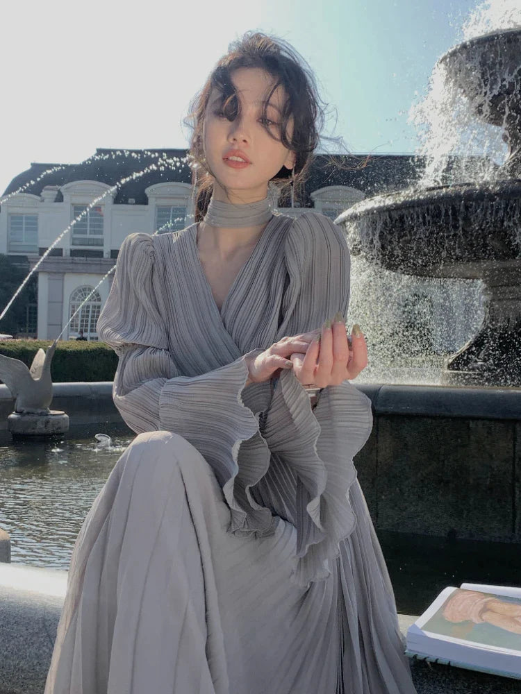 Spring Elegant V-Neck Midi Dress Office Lady Long Sleeve Casual One Piece Dress Korean French Vintage Chiffon Dress Women