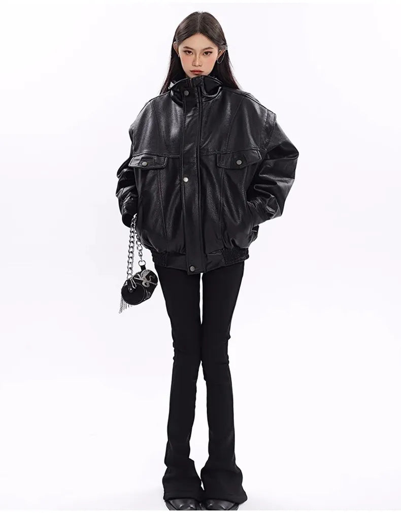 Spring Autumn Oversized Cool Windproof Thick Black Pu Leather Jacket Women Zip Up Luxury Designer Unisex Clothes