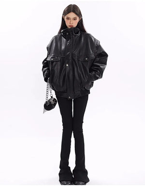 Spring Autumn Oversized Cool Windproof Thick Black Pu Leather Jacket Women Zip Up Luxury Designer Unisex Clothes