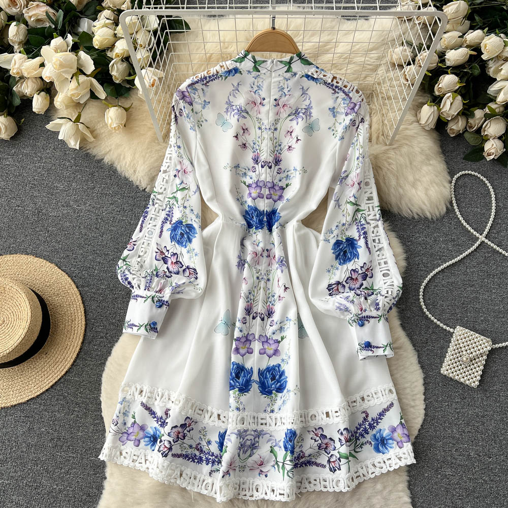 Women's Vintage Lantern Sleeve Knee Length Dress Spring Summer Long Sleeve lace a line dress lady half high collar dress