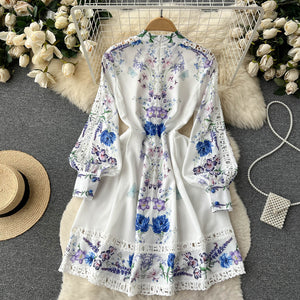 Women's Vintage Lantern Sleeve Knee Length Dress Spring Summer Long Sleeve lace a line dress lady half high collar dress