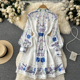 Women's Vintage Lantern Sleeve Knee Length Dress Spring Summer Long Sleeve lace a line dress lady half high collar dress
