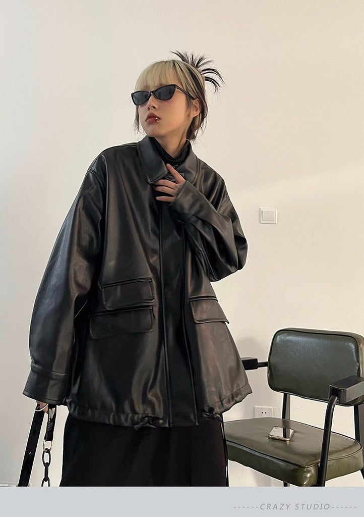 Spring Autumn Black Oversized Faux Leather Jackets for Women Zippper Loose Cool Casual Soft Pu Leather Jacket