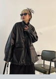 Spring Autumn Black Oversized Faux Leather Jackets for Women Zippper Loose Cool Casual Soft Pu Leather Jacket