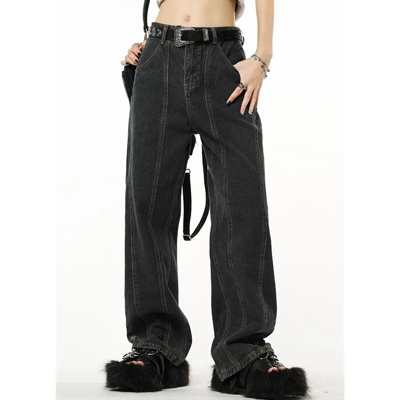 Winter Vintage Navy Blue High Waist Women Jeans American Fashion Streetwear Wide Leg Jean Female Trouser Straight Denim Pants