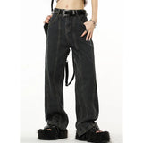Winter Vintage Navy Blue High Waist Women Jeans American Fashion Streetwear Wide Leg Jean Female Trouser Straight Denim Pants