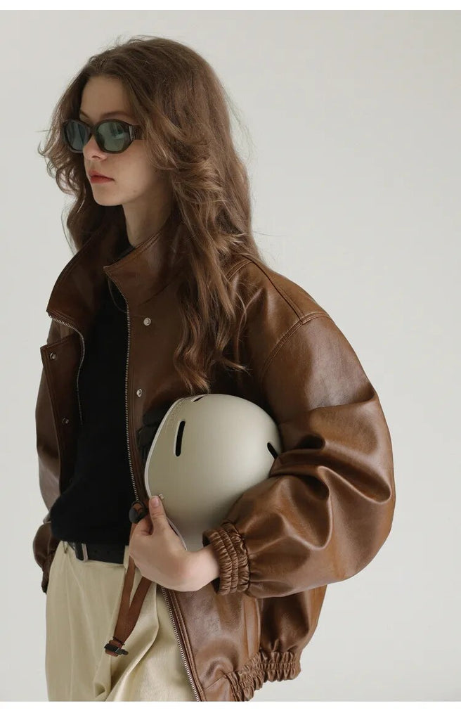 Spring Autumn Cool Oversized Brown Black Faux Leather Bomber Jacket Women Zip Up Luxury Designer Unisex Clothes