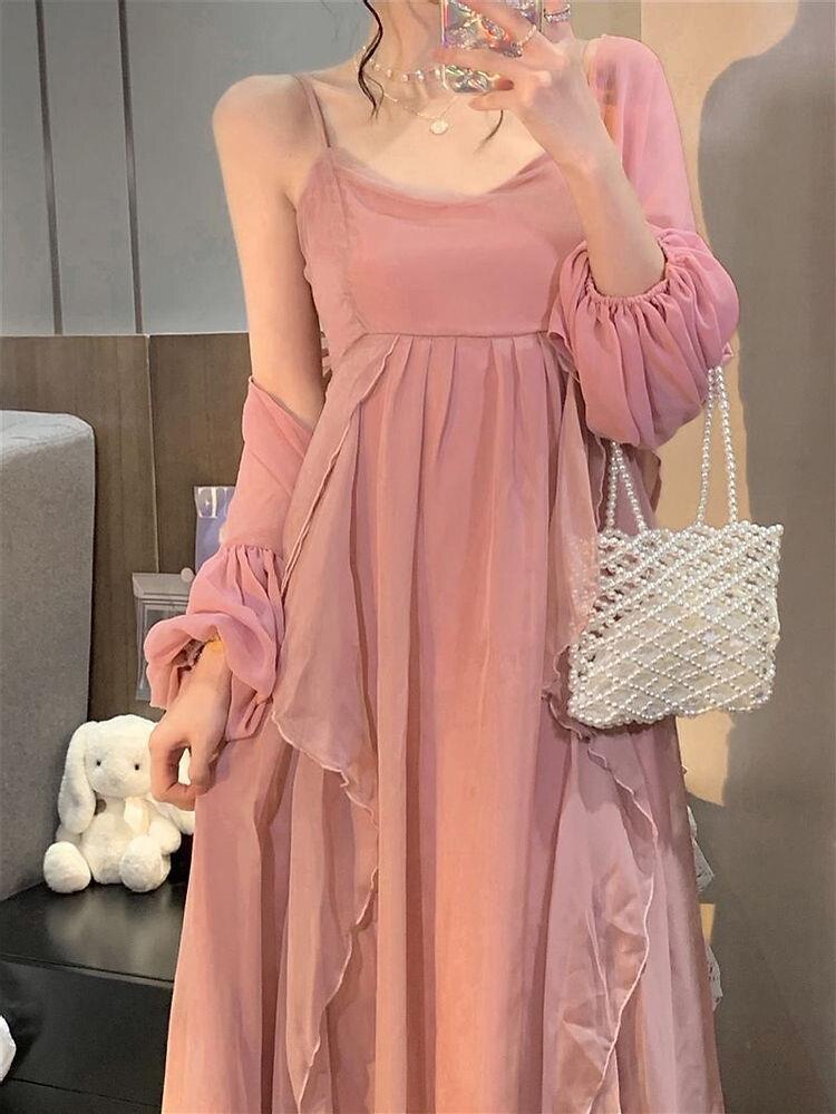 Summer Women Maxi Long Sundress Suspenders Solid Ruffls Fairy Vestidos Long Elegant Feminine Holiday Beach Romantic Dress