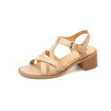 Women Sandals Thick Heels Genuine Leather Ankle Strap Shoes Woman Office Ladies Party Casual Golden Pumps Spring Summer Fashion