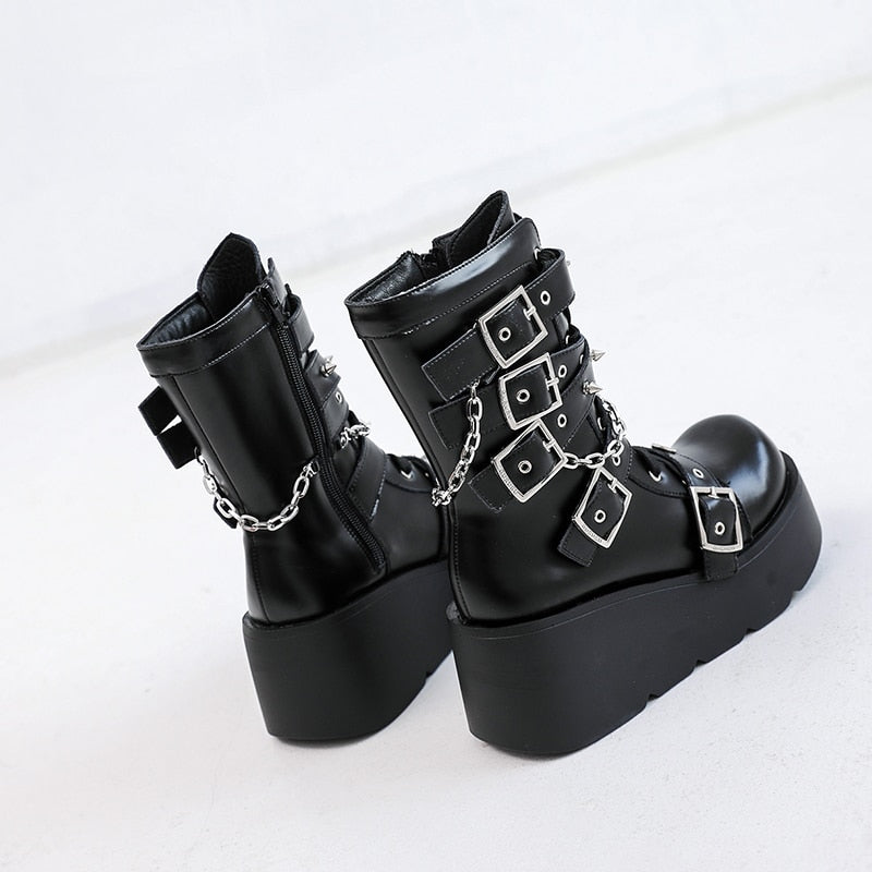 Punk Metal Buckle Platfom Ankle Boots Women Autumn PU Leather Chunky Heels Gothic Shoes Woman Thick Bottom Motorcycle Botas