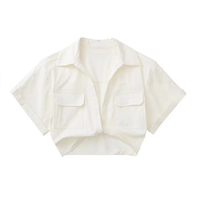 goosudu  Women's Crop Top Collared Short Sleeve Shirt Women Summer Knotted Linen Blouse Woman Streetwear Casual Blouses