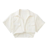 goosudu  Women's Crop Top Collared Short Sleeve Shirt Women Summer Knotted Linen Blouse Woman Streetwear Casual Blouses